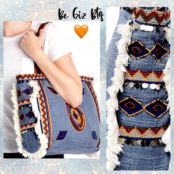 NWT Sam Edelman Denim Tote Bag With Vibrant Geometric Shape Trim - Picture 2 of 14